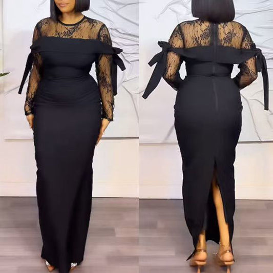 Round Neck Sexy Lace Stitching See-through Sheath Split Dress