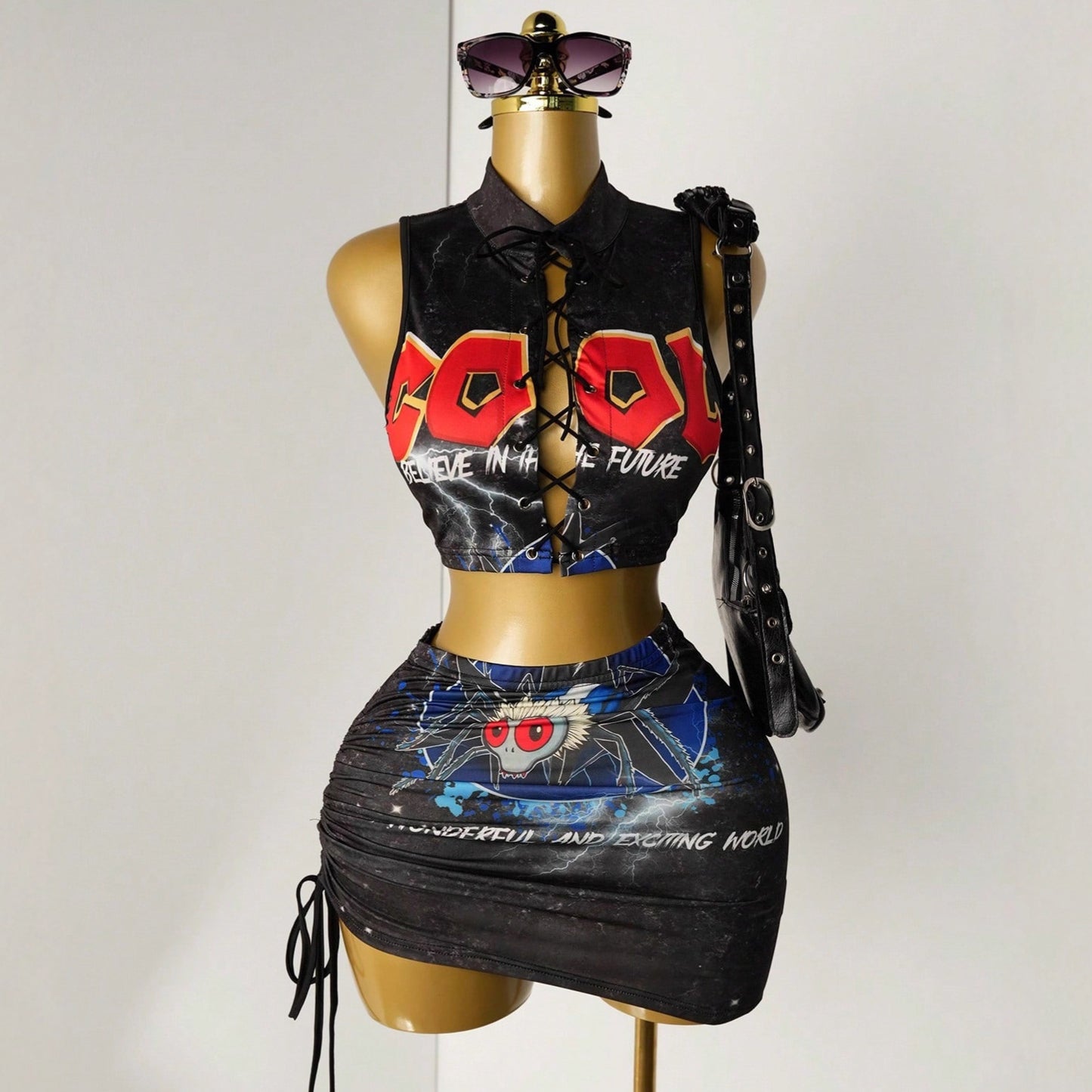 Women's Halter Strap Fashion Print Top Skirt Outfit