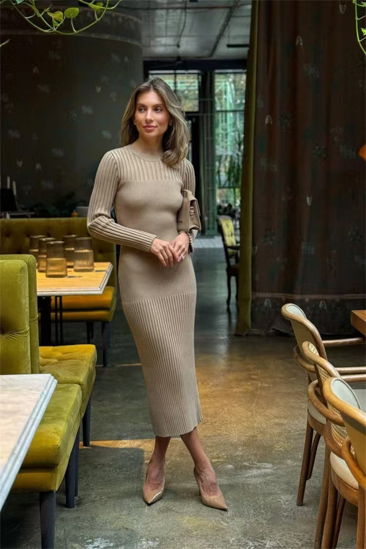 Autumn And Winter Women's Knitted Round Neck Sunken Stripe Pure Color Tight Dress