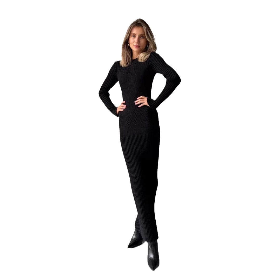 Autumn And Winter Women's Knitted Round Neck Sunken Stripe Pure Color Tight Dress