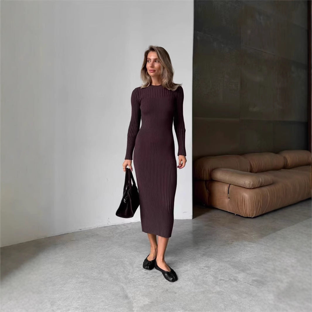 Autumn And Winter Women's Knitted Round Neck Sunken Stripe Pure Color Tight Dress