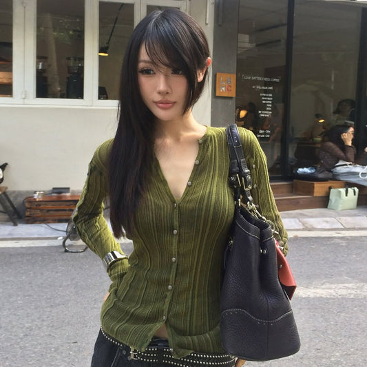 Retro Mori Style V-neck Bedford Cord Sweater