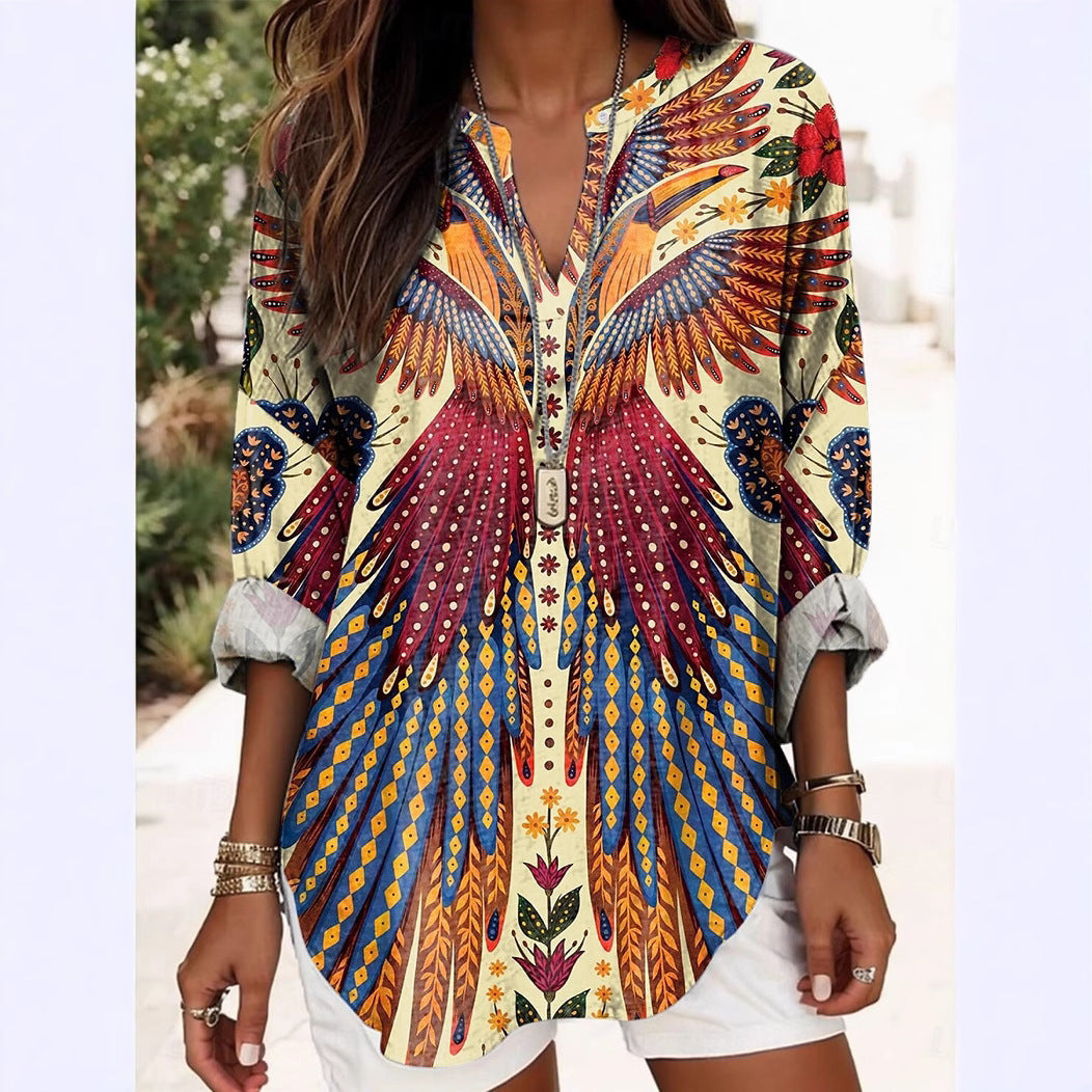 Summer Small V-neck Long-sleeved Casual Temperament Daily Vacation T-shirt Top