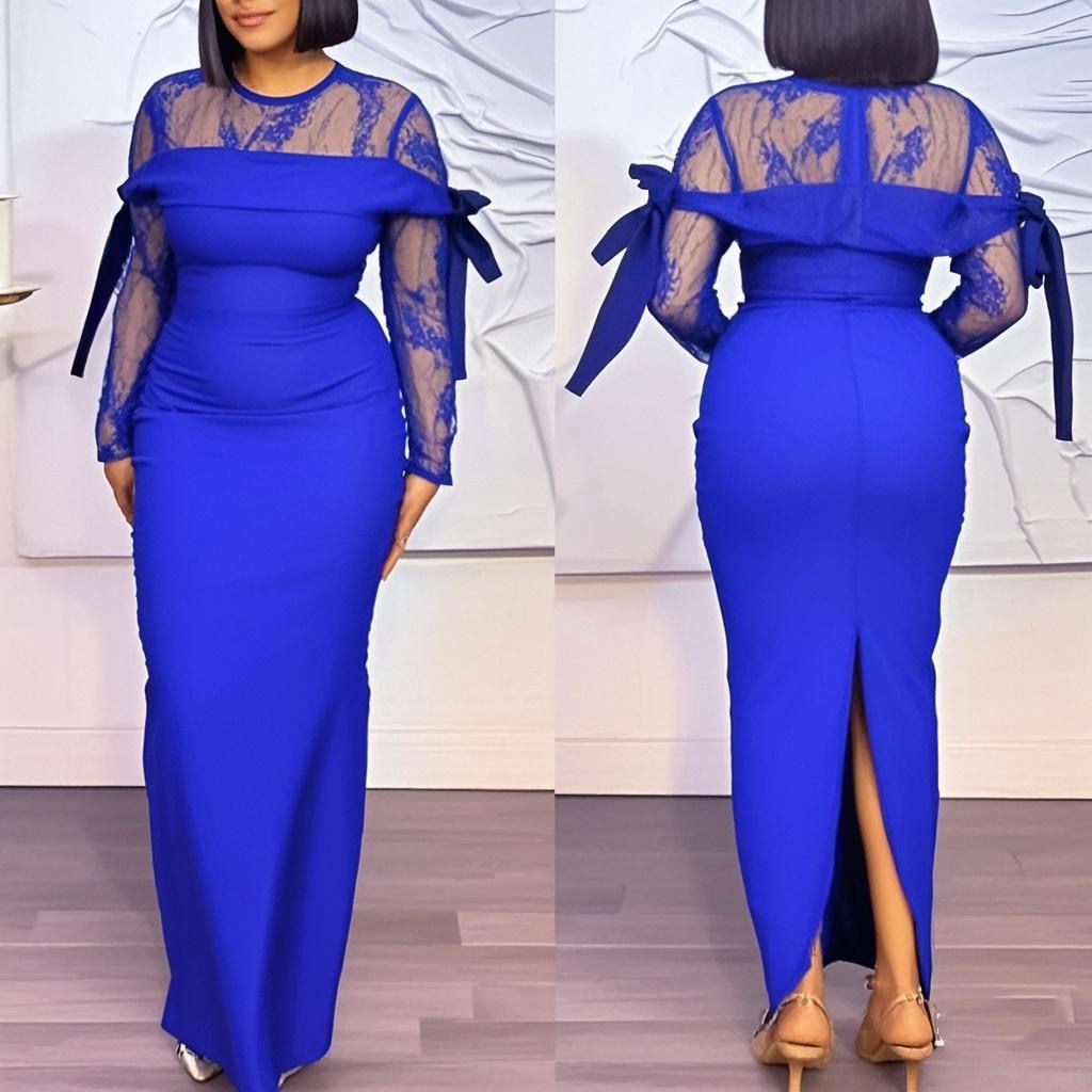 Round Neck Sexy Lace Stitching See-through Sheath Split Dress