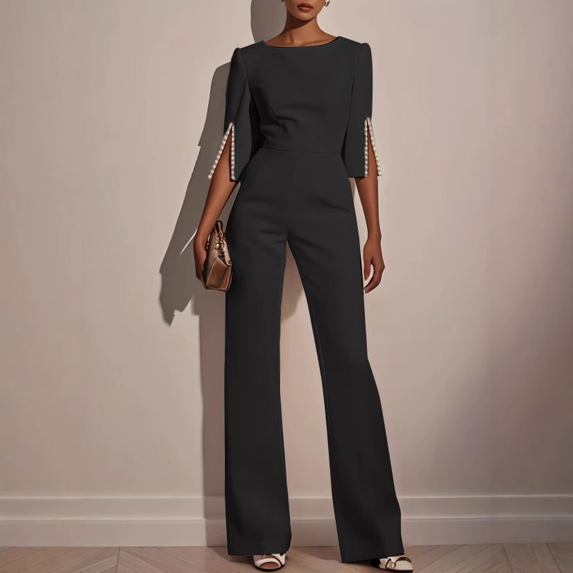 Solid Color Beading Decorative Slim Fit Bodysuit Women's Clothing