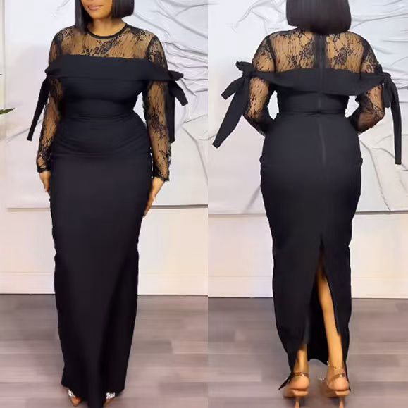 Round Neck Sexy Lace Stitching See-through Sheath Split Dress