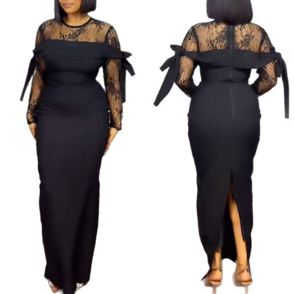 Round Neck Sexy Lace Stitching See-through Sheath Split Dress