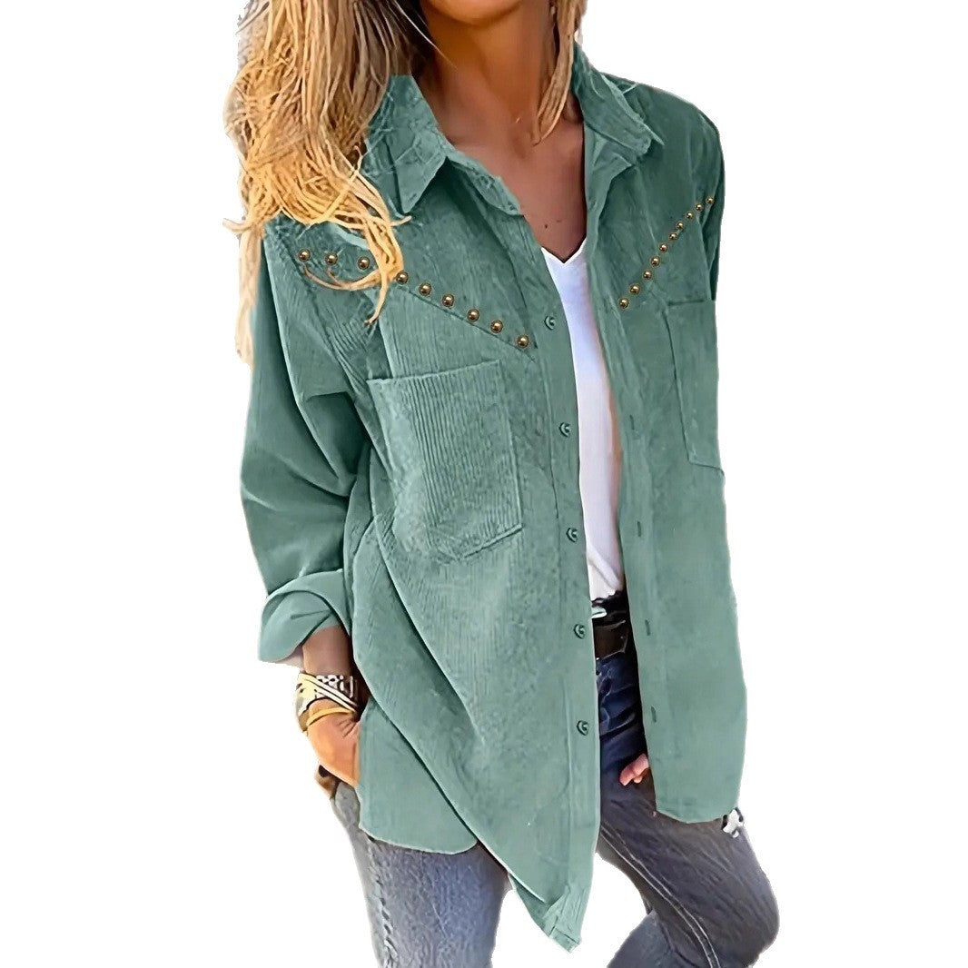 Women's Corduroy Jacket Simple Casual Rivet Pocket Shirt Jacket