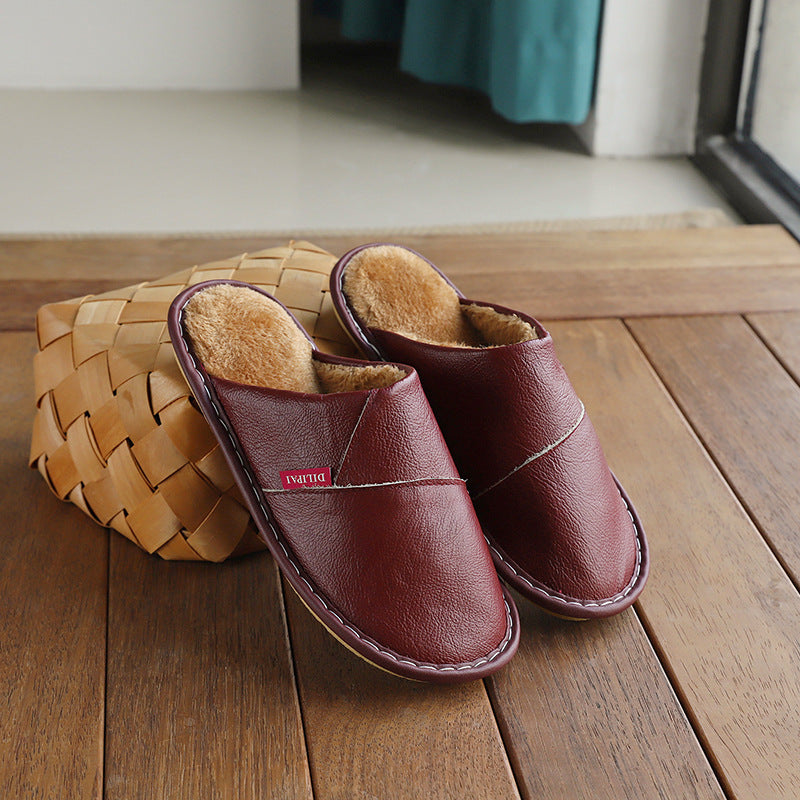 Winter Home Warm Non-slip Leather Slippers