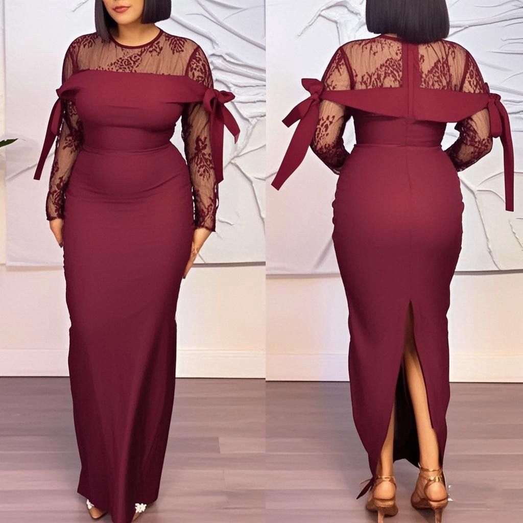 Round Neck Sexy Lace Stitching See-through Sheath Split Dress