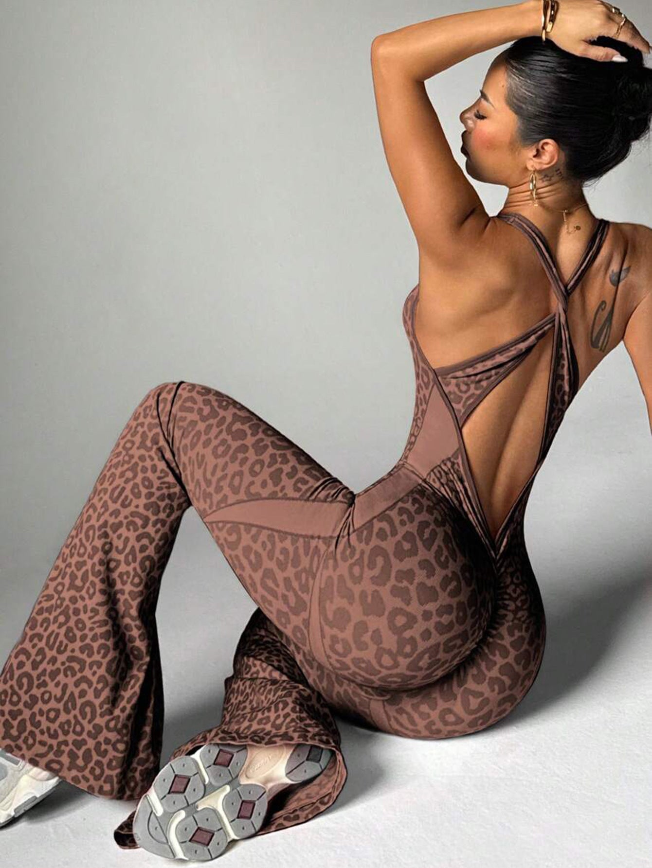 Women's Casual Sports Leopard Print Cross Beauty Back Jumpsuit