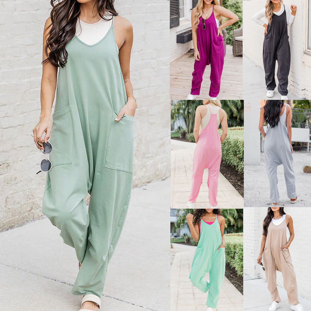 Fashion Big Pocket Solid Color Loose Suspender Overalls Women