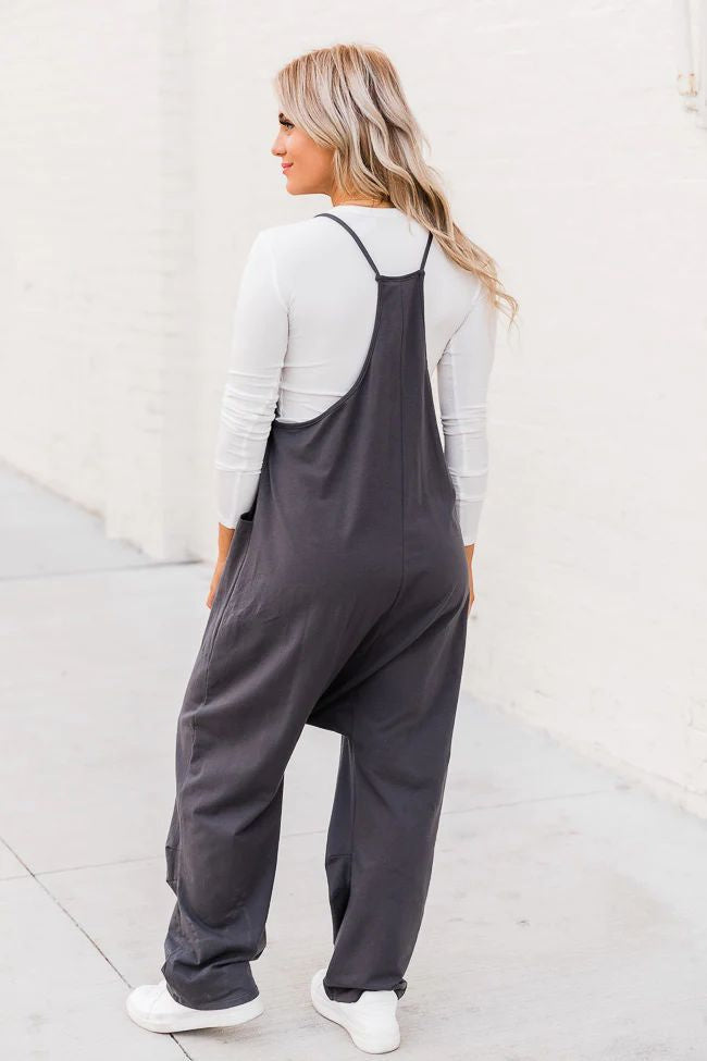 Fashion Big Pocket Solid Color Loose Suspender Overalls Women