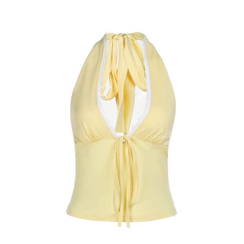 Women's Solid Color Halter Top With Lace Trim