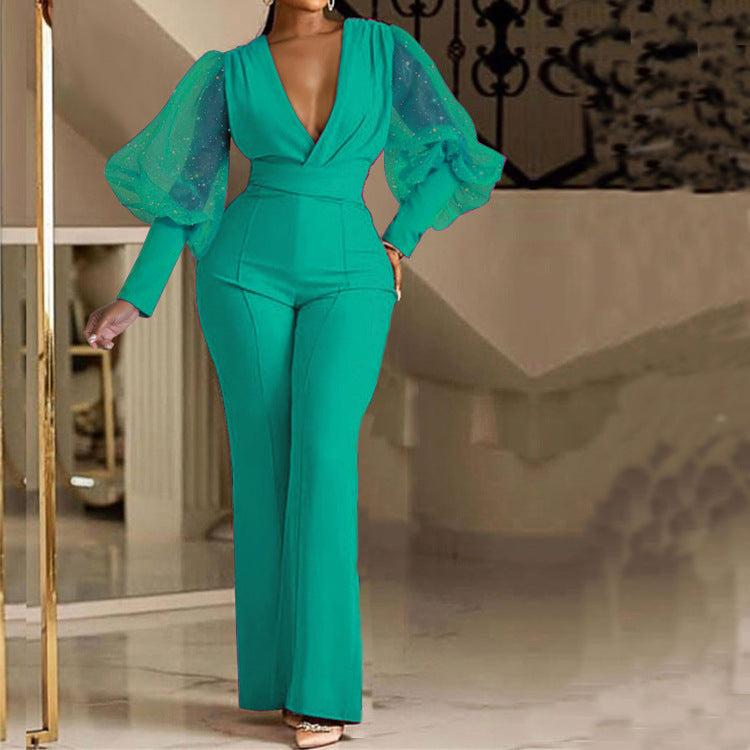 Mesh Stitching Long Sleeves Slim Wide Leg Jumpsuit