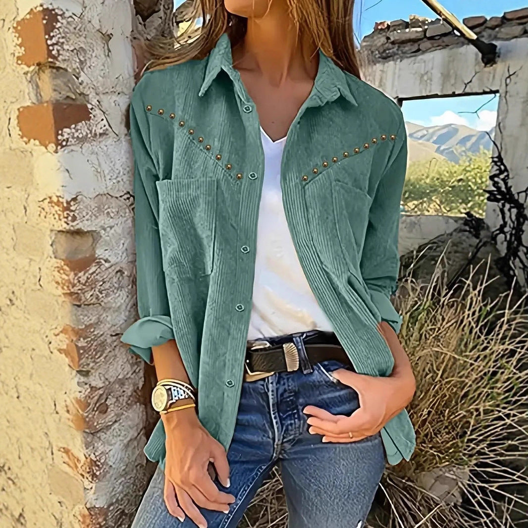 Women's Corduroy Jacket Simple Casual Rivet Pocket Shirt Jacket