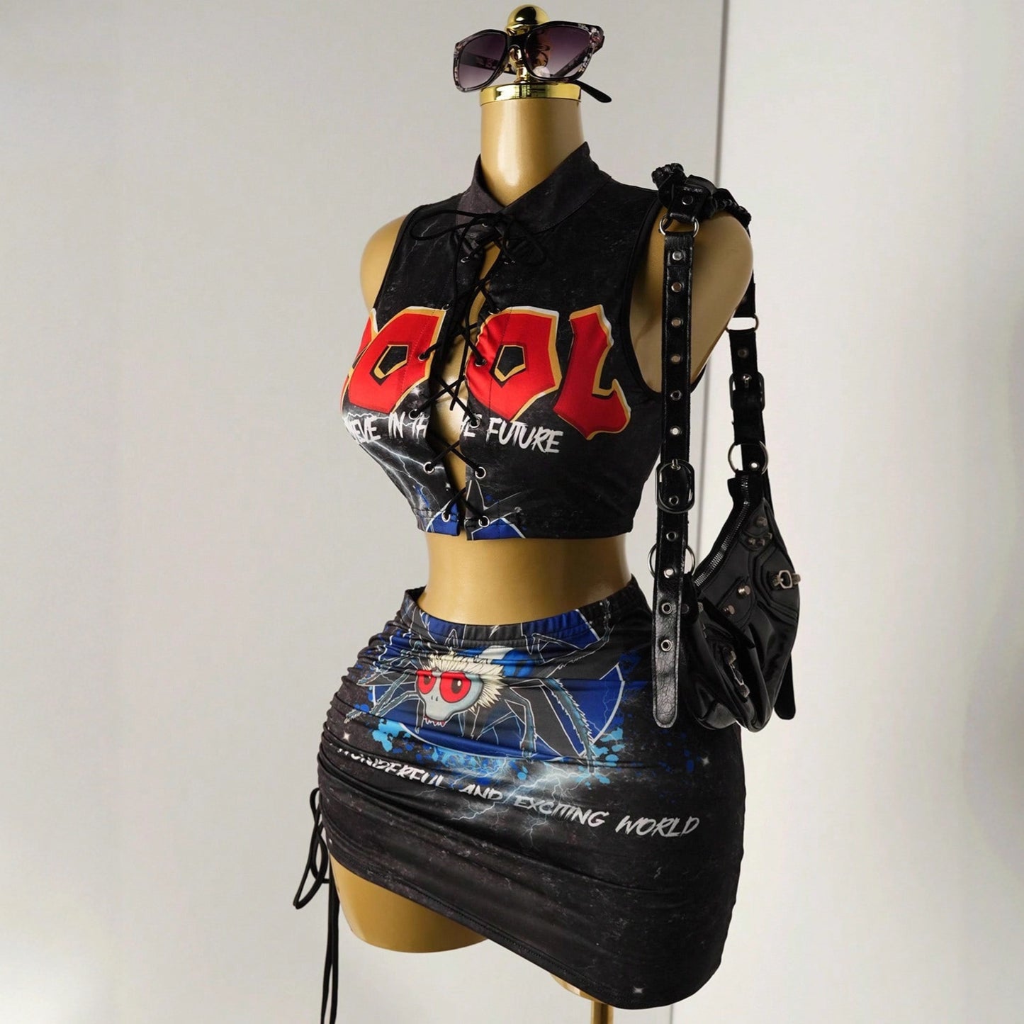 Women's Halter Strap Fashion Print Top Skirt Outfit