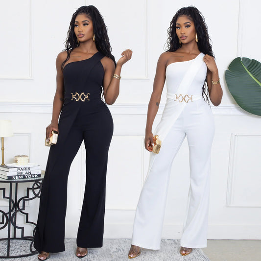 Wear Elegance Decorative Buckle Oblique Shoulder Jumpsuit