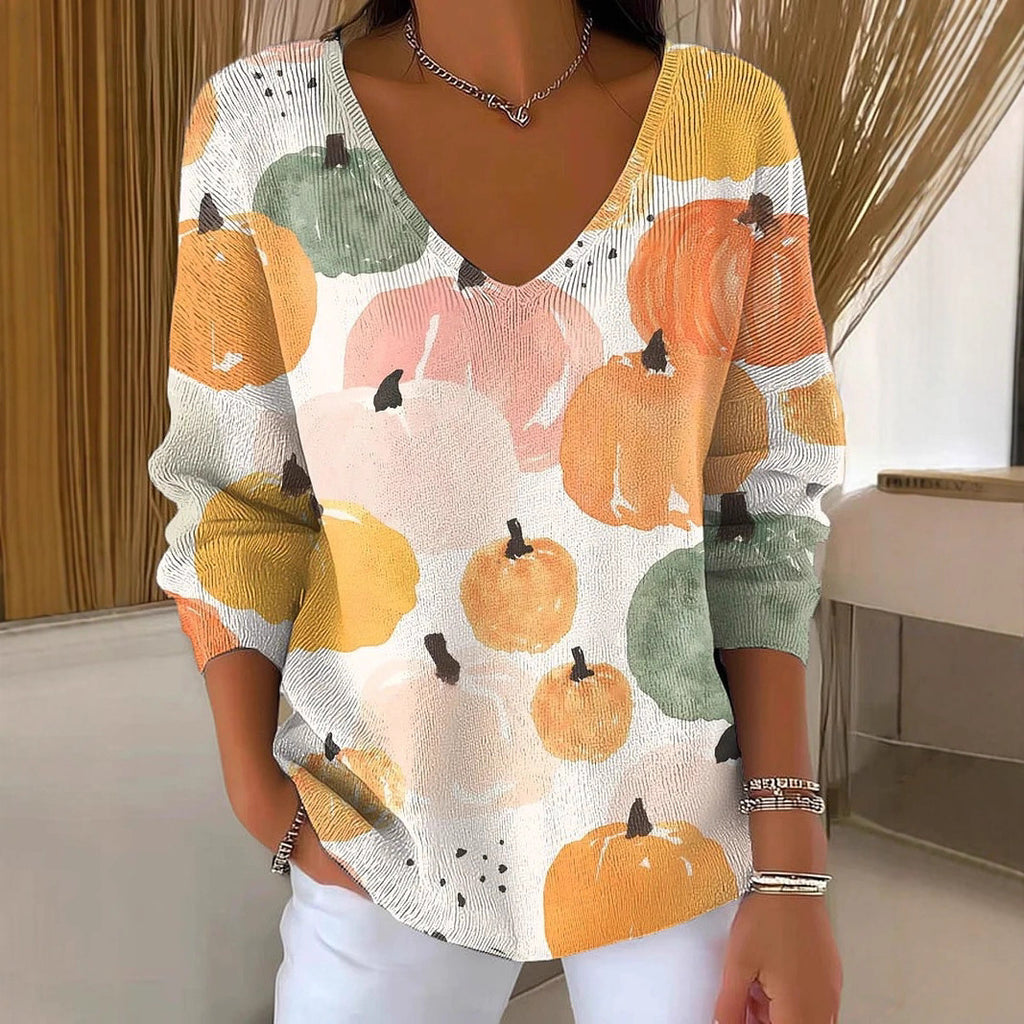 V-neck Long-sleeved Sweater Floral Loose Sweater