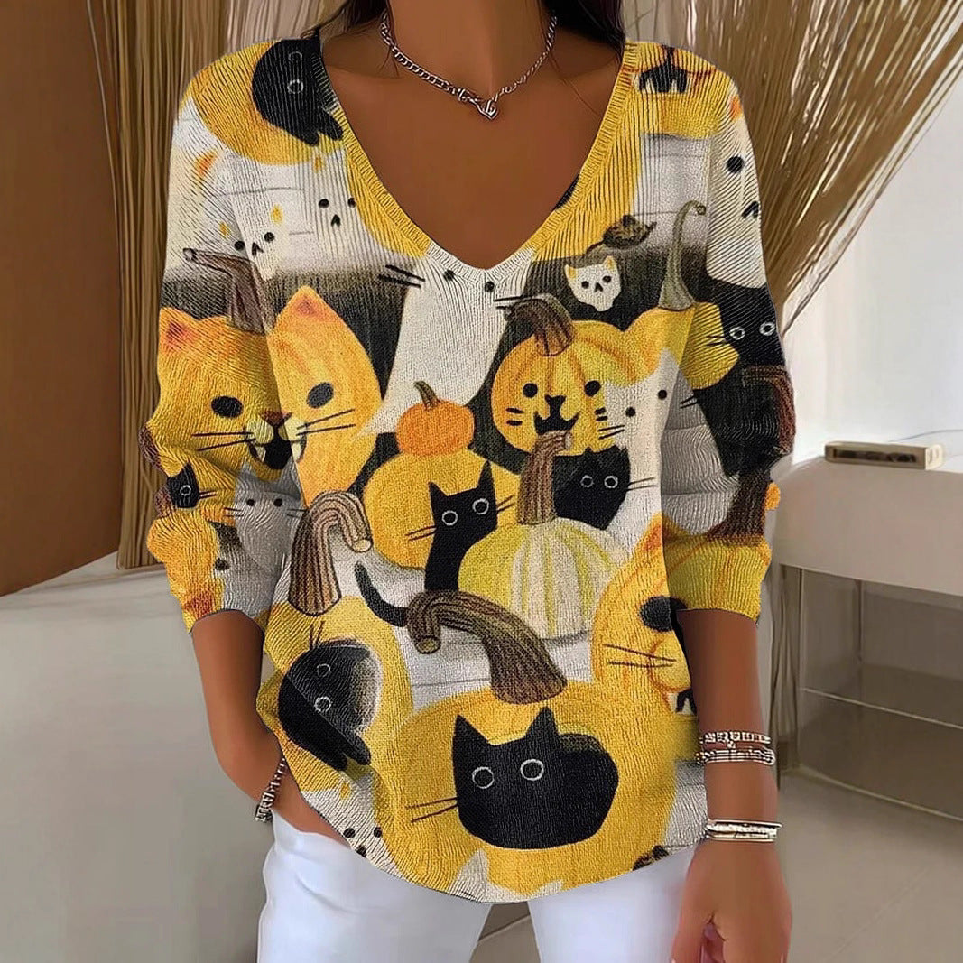 V-neck Long-sleeved Sweater Floral Loose Sweater