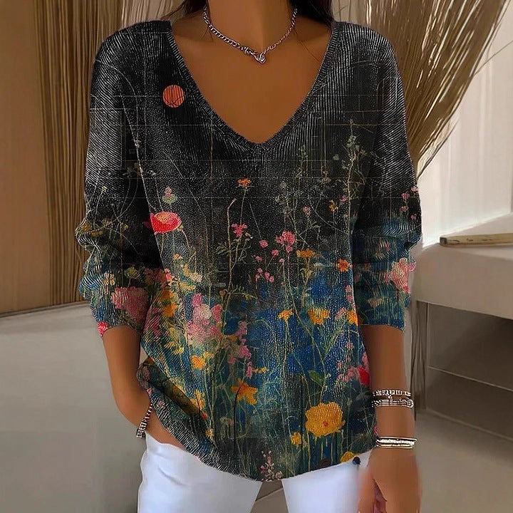 V-neck Long-sleeved Sweater Floral Loose Sweater