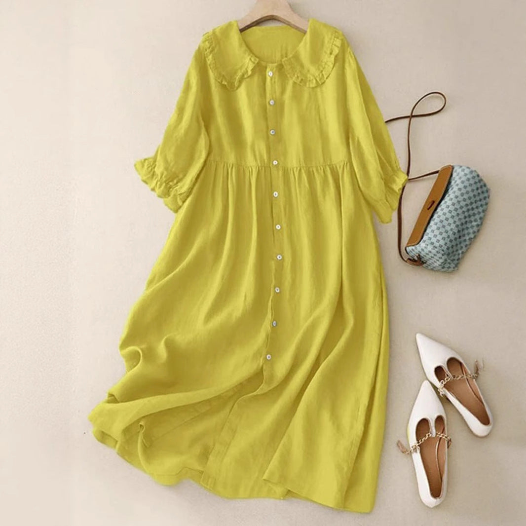 Women's Doll Collar Loose Mid-length Cotton And Linen Dress
