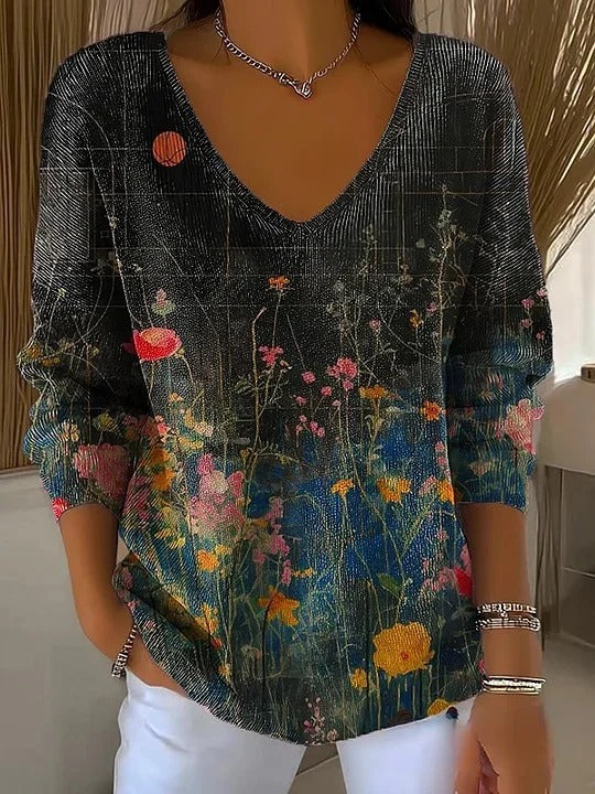 V-neck Long-sleeved Sweater Floral Loose Sweater