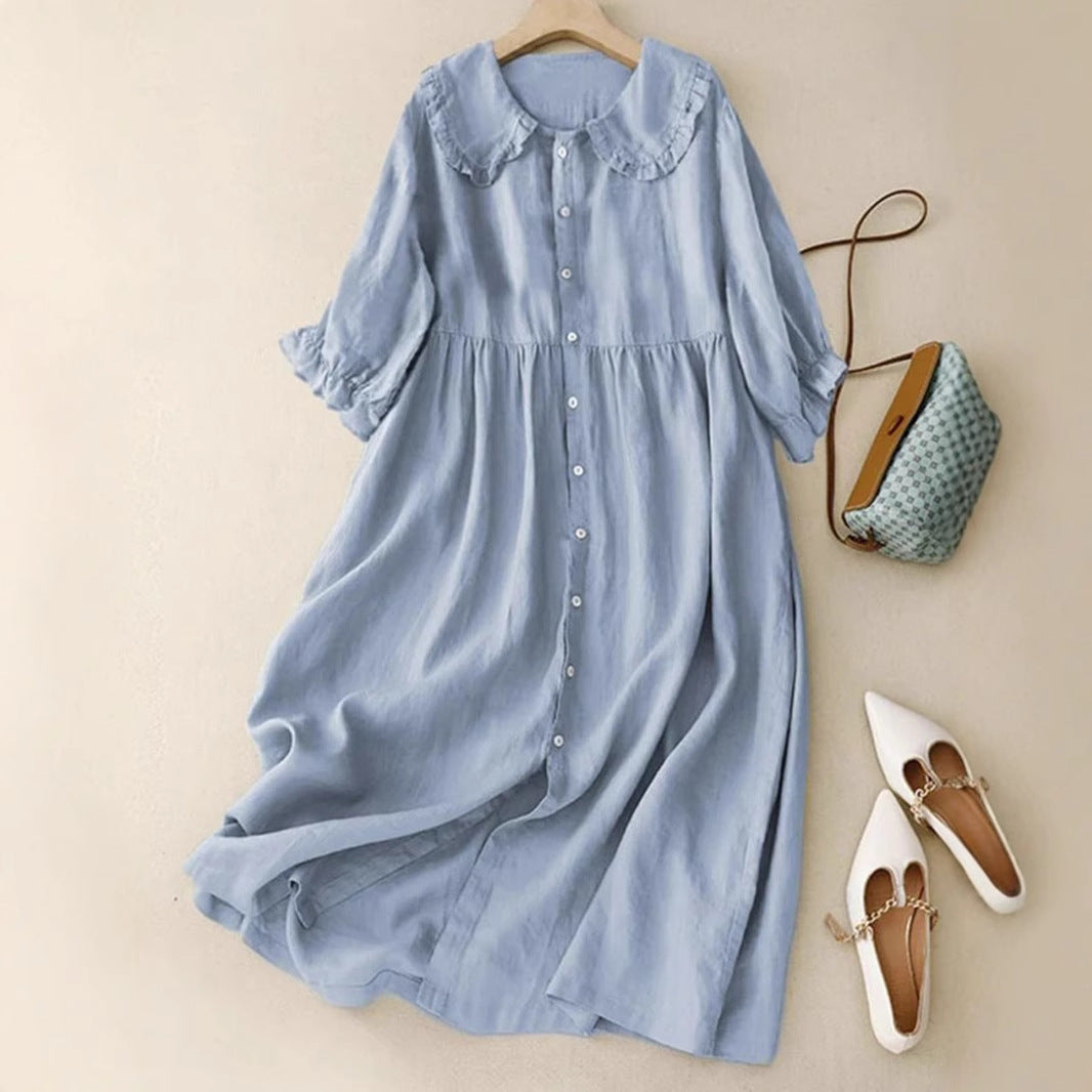 Women's Doll Collar Loose Mid-length Cotton And Linen Dress