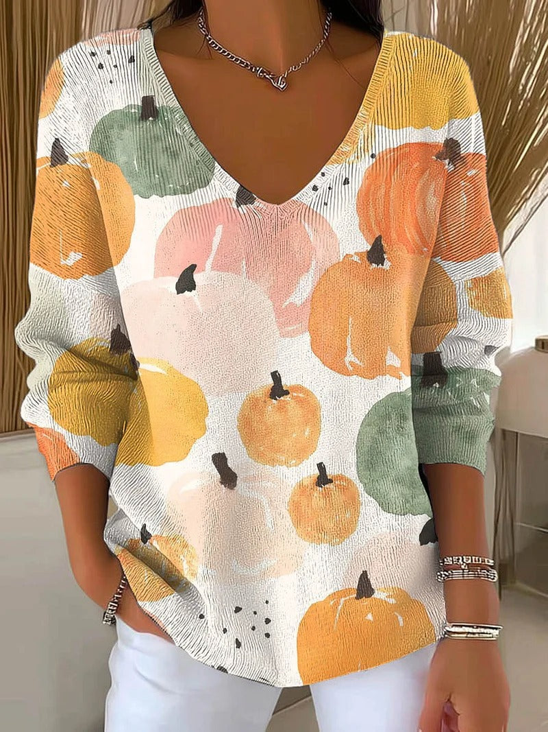 V-neck Long-sleeved Sweater Floral Loose Sweater