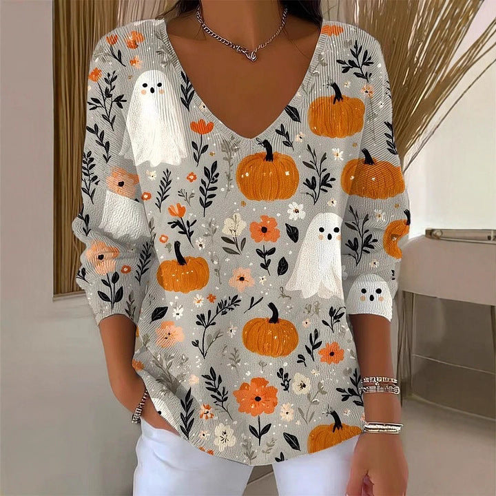 V-neck Long-sleeved Sweater Floral Loose Sweater