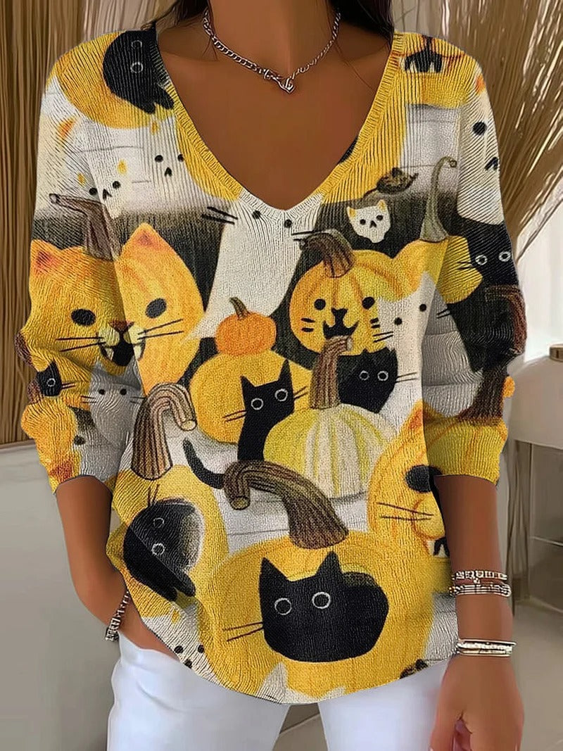 V-neck Long-sleeved Sweater Floral Loose Sweater