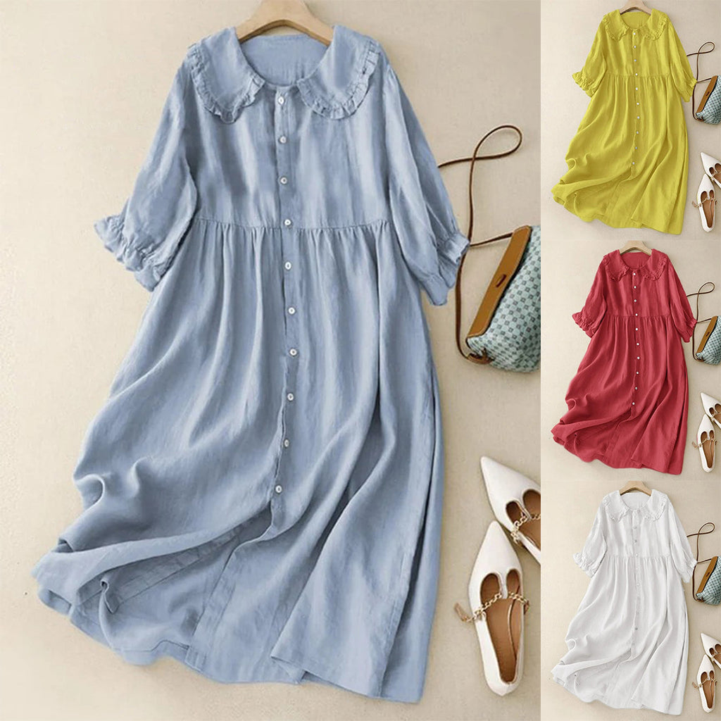 Women's Doll Collar Loose Mid-length Cotton And Linen Dress