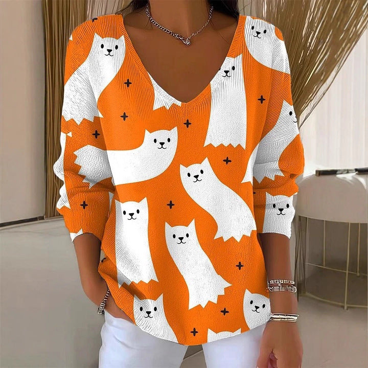 V-neck Long-sleeved Sweater Floral Loose Sweater