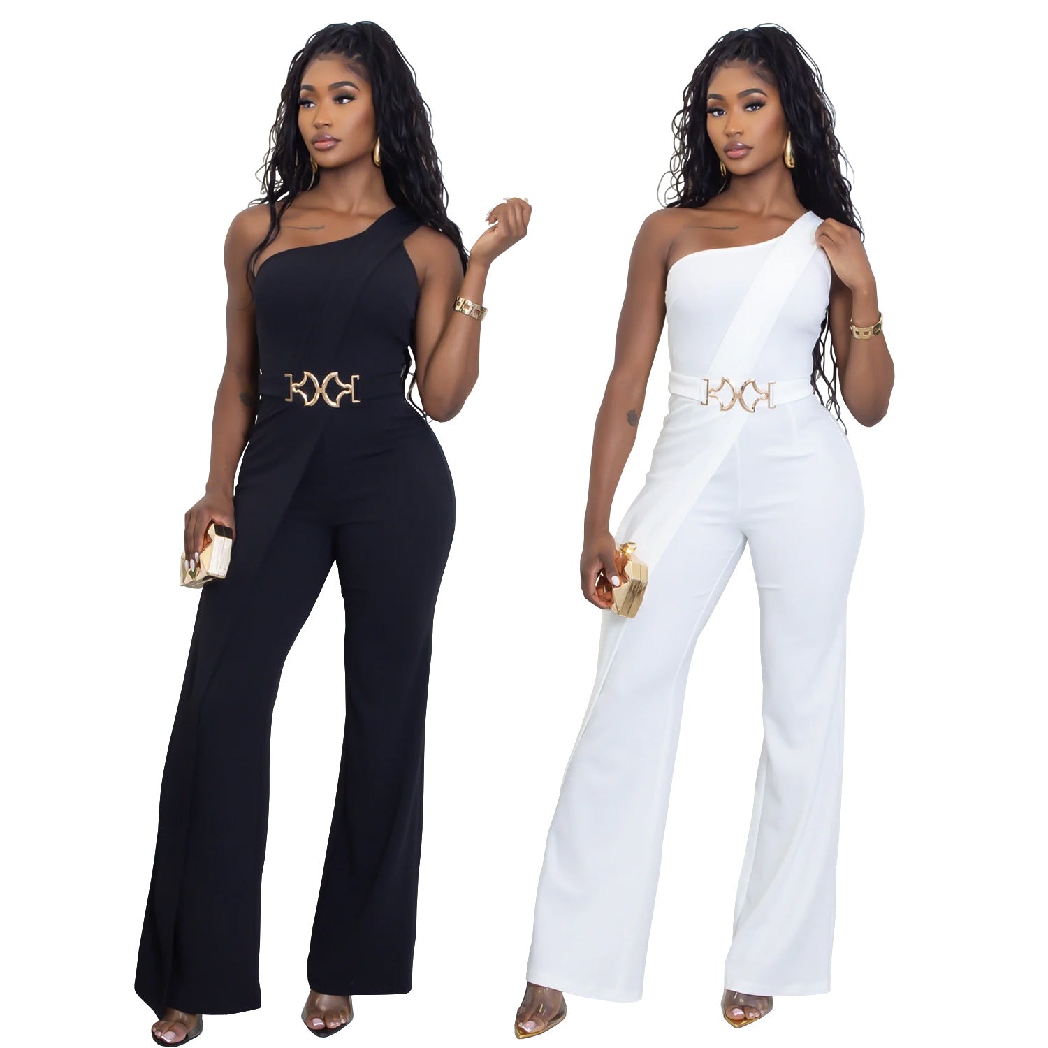 Wear Elegance Decorative Buckle Oblique Shoulder Jumpsuit