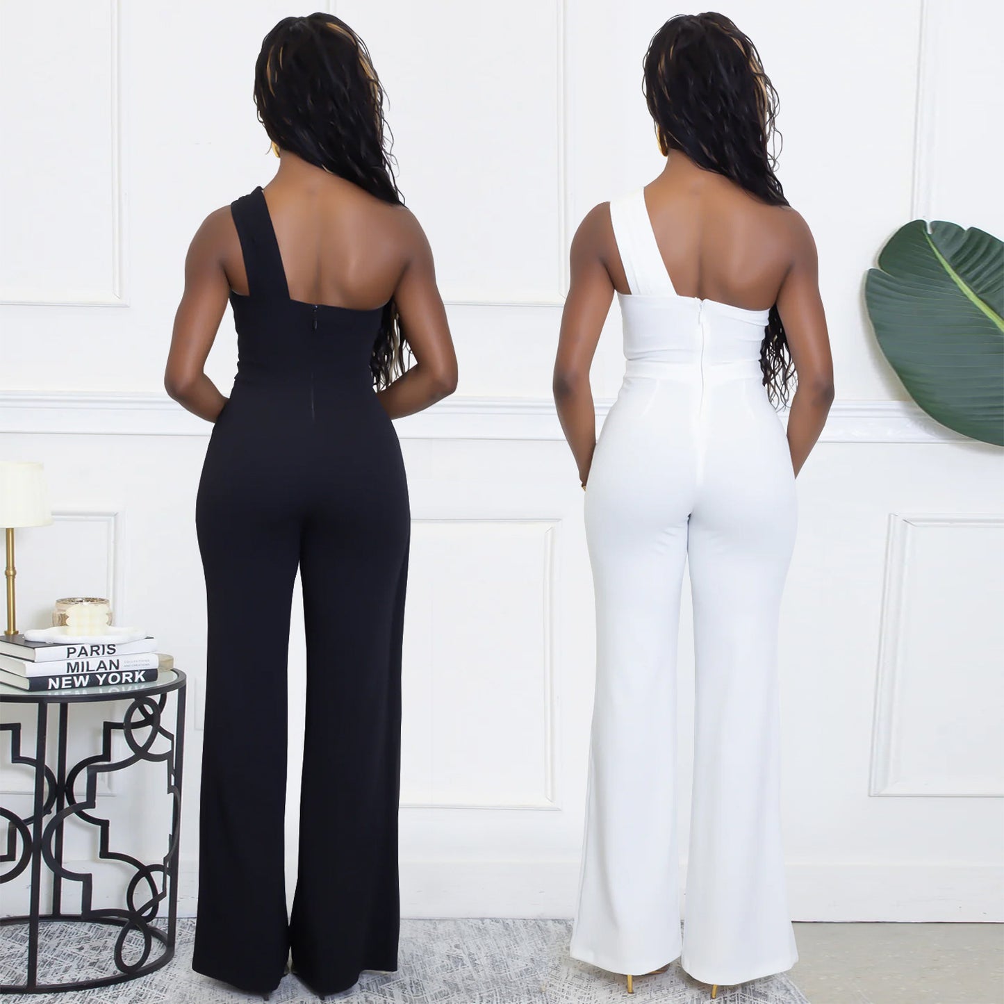Wear Elegance Decorative Buckle Oblique Shoulder Jumpsuit