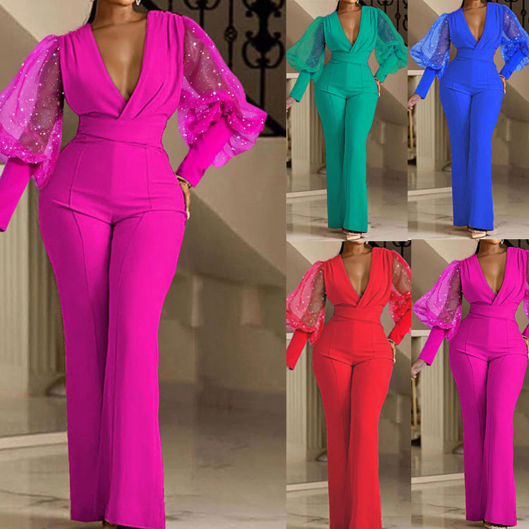 (Copy) Mesh Stitching Long Sleeves Slim Wide Leg Jumpsuit