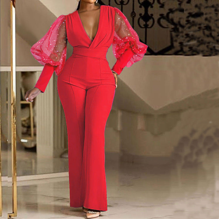 Mesh Stitching Long Sleeves Slim Wide Leg Jumpsuit