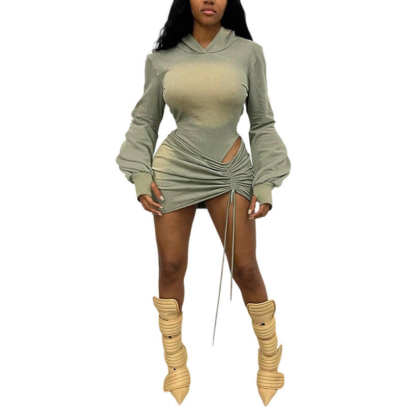 Women's Sexy Backless Hooded Jumpsuit Drawstring Bag Hip Skirt