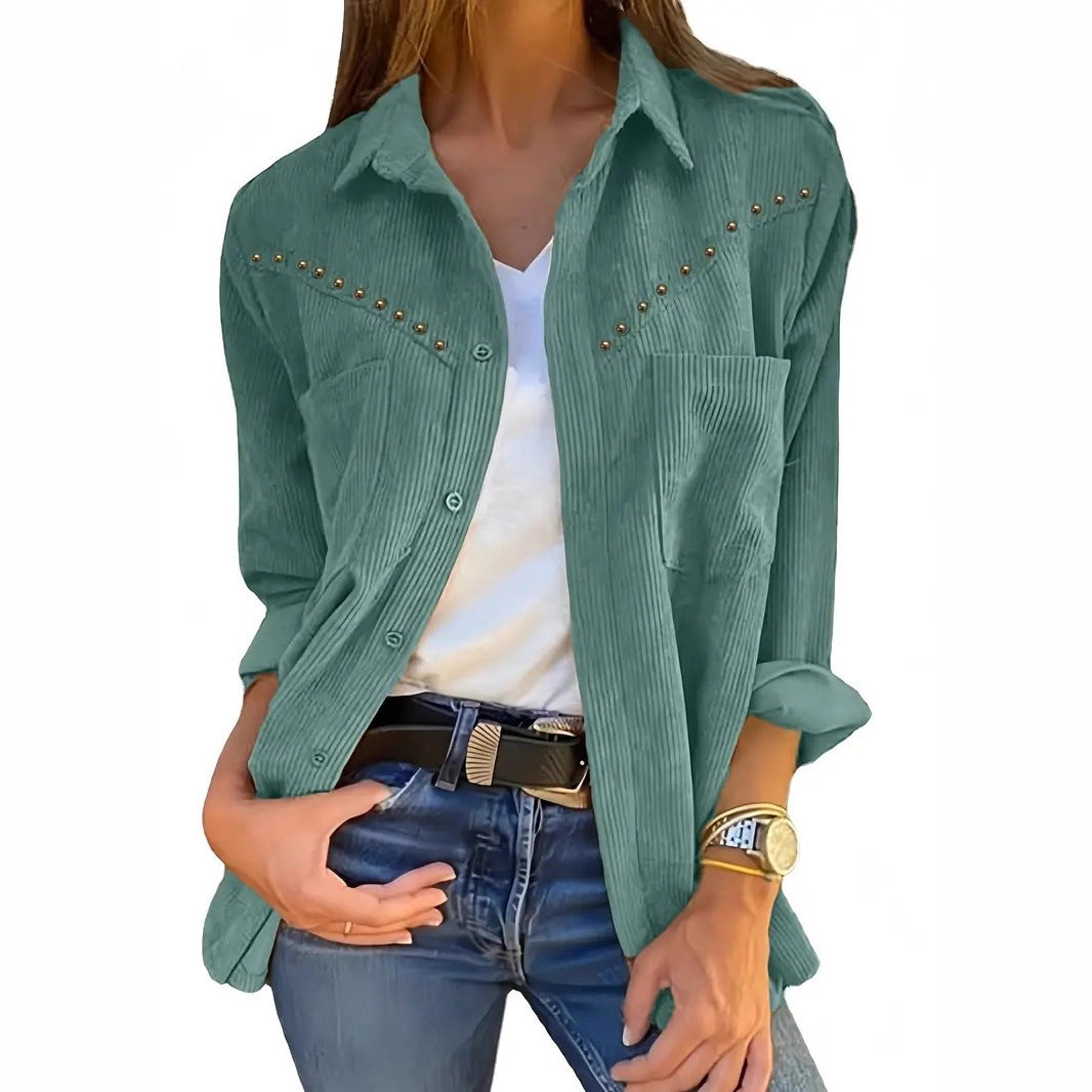 Women's Corduroy Jacket Simple Casual Rivet Pocket Shirt Jacket