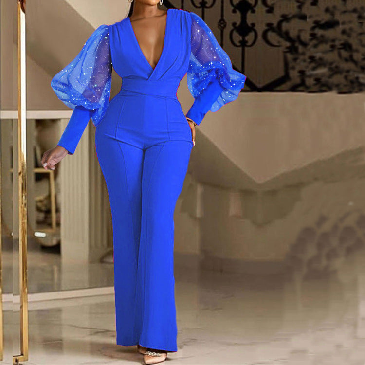 (Copy) Mesh Stitching Long Sleeves Slim Wide Leg Jumpsuit
