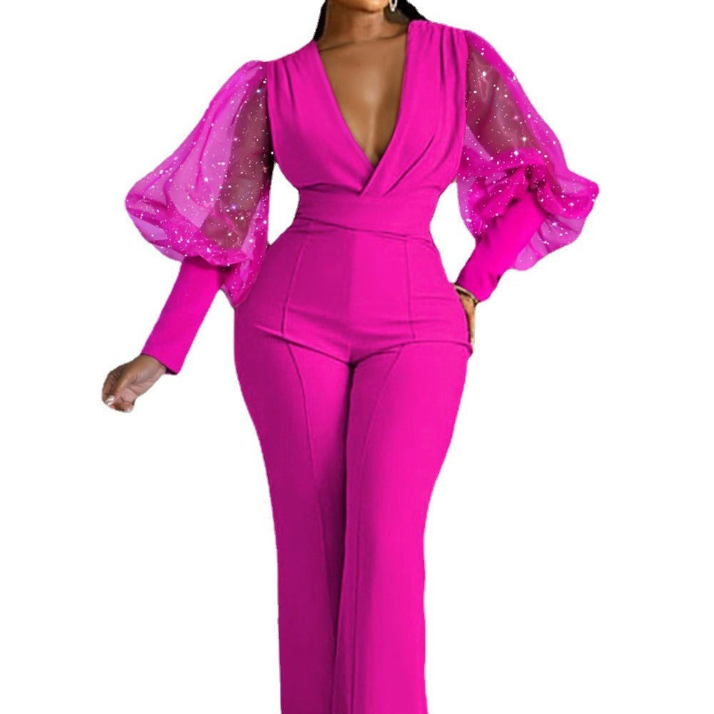(Copy) Mesh Stitching Long Sleeves Slim Wide Leg Jumpsuit
