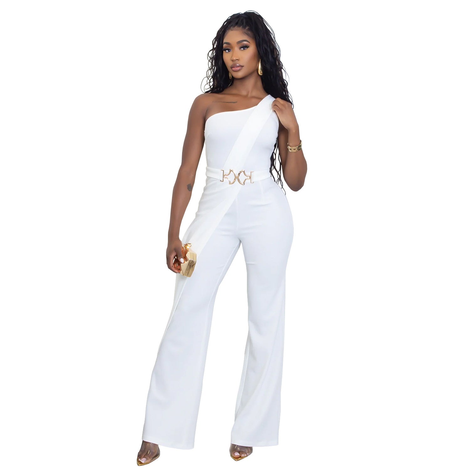 Wear Elegance Decorative Buckle Oblique Shoulder Jumpsuit
