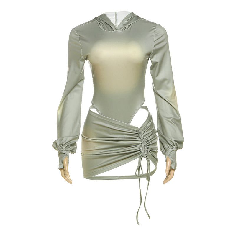 Women's Sexy Backless Hooded Jumpsuit Drawstring Bag Hip Skirt